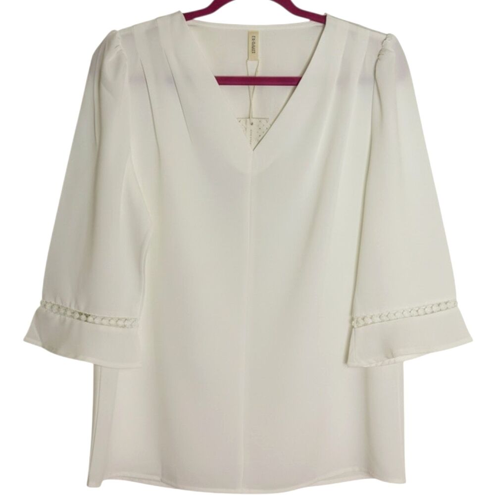 Evaless Lace Trim Pleated Crepe Blouse Shirt Top Bell Sleeve White M NWT